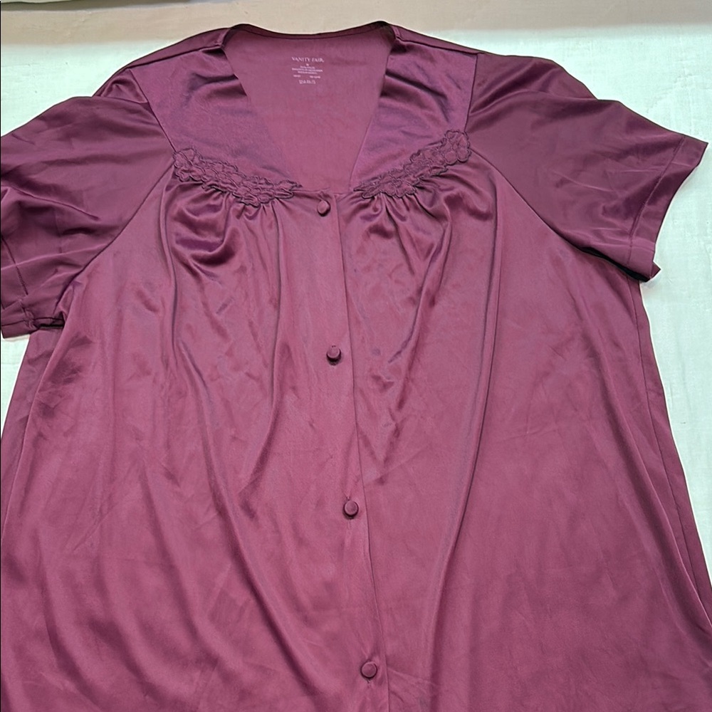 Vintage 90s Vanity Fair Purple Nylon Loungewear Set Short Sleeve V-Neck & Pants